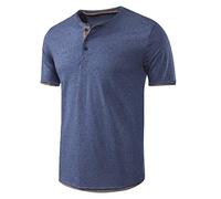 Fashion Men's Baggy Solid Short Sleeve Button O-Neck T Shirts Tops Blouses Linen Shirts Men (Blue, L)