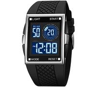 Fashion Mens Digital Cool Bracelet Watch Blue Backlight Boys Unisex Size Multifunction Square Alarm LED Black Rubber Watchband Sports Outdoor Waterproof Watch, Black Dial C, outdoor