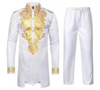 Fashion Men's Suit, African Design, Casual Style, Elegant Jacket with Trousers, Two Piece Set for Muslims, White, L