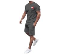 Fashion Men's T Shirt Suit Summer Short Sleeved Shorts Breathable Comfortable Coconut Tree Sunset Print Vacation Casual Style 5 Piece Tuxedo Suits for Men (Grey, XXXL)