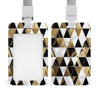 Fashion Modern Black White Gold Triangles Badge Holder with Lanyard, Vertical Hard Plastic ID Card Holder, Sliding Name Tag Holders, Work Card Protector Sleeve for Nurse Doctor Teacher Officer & Gift