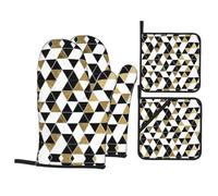 Fashion Modern Black White Gold Triangles Oven Gloves Heat Resistant Oven Mitts Pair Non-Slip Thick Potholder Home Kitchen Accessory