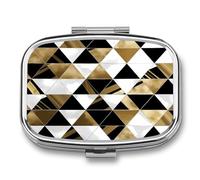 Fashion Modern Black White Gold Triangles Pill Organizer with 2 Compartments Metal Square Pill Case Small Pill Box Portable Medicine Box Slim Travel Pill Container Medicine Organizer for Daily Use