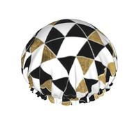Fashion Modern Black White Gold Triangles Print Shower Cap with Elastic and Reusable for Long and Short Hair, Double Layers Hair Cap