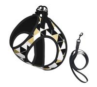Fashion Modern Black White Gold Triangles Print Small Dog Harness And Leash Set, Adjustable Soft Vest With 360° Reflective Straps For Cats Puppy
