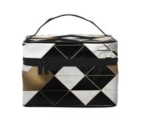 Fashion Modern Black White Gold Triangles -Print Waterproof Large Cosmetic Bag for Travel & Gym, Makeup Organizer with 4 Elastic Straps & Compartments,Premium Twill Fabric.