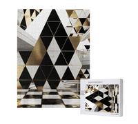 Fashion Modern Black White Gold Triangles Printed Jigsaw Puzzle with Storage Box, Wooden Puzzle for Adults and Kids, 500 Pieces Family Fun Decorative Game