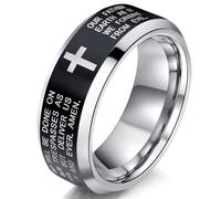 Fashion Month Womens 6mm Tungsten Carbide Black Ring Engraved English Bible Lords Prayer Cross White Band Ring for Her, Tungsten, tungsten