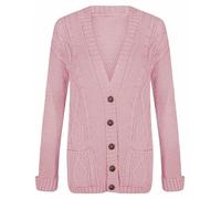FASHION MY LOVE New Womens Everyday Long Sleeve Button Top Ladies Chunky Aran Cable Knit Grandad Cardigan UK Size 8-26 Baby Pink