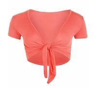 FASHION MY LOVE Women Cap Sleeve Bolero Shrug Tie Up Front Cropped Cardigan Short Sleeves Top Ladies Cap Sleeve Shrug Tie Up Front Crop Bolero Cardigan 8-26 Coral