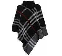 FASHION MY LOVE Womens Check Printed Poncho Ladies Stretch Knitted Collared Cape Wrap Shawl Jumper Poncho Top Black