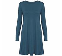 FASHION MY LOVE Womens Plain Jersey Long Sleeve Swing Flared Dress Ladies Round Neck Stretch Short Midi Dress Plain & Printed Casual Summer Wear Dress UK 8-26 Teal