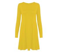 FASHION MY LOVE Womens Plain Jersey Long Sleeve Swing Flared Dress Ladies Round Neck Stretch Short Midi Dress Plain & Printed Casual Summer Wear Dress UK 8-26 Mustard