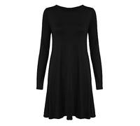 FASHION MY LOVE Womens Plain Jersey Long Sleeve Swing Flared Dress Ladies Round Neck Stretch Short Midi Dress Plain & Printed Casual Summer Wear Dress UK 8-26 Black