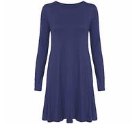FASHION MY LOVE Womens Plain Jersey Long Sleeve Swing Flared Dress Ladies Round Neck Stretch Short Midi Dress Plain & Printed Casual Summer Wear Dress UK 8-26 Navy