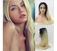 Fashion Natural Black To 613# Two Tones Ombre Straight Wigs Synthetic Lace Front Wig For Women Heat Resistant Fiber Hair