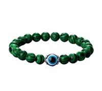 Fashion Natural Stone Couple Beaded Bracelet with Evil eye charm unisex, 8mm Green Malachite Zebra print Adjustable Stretch Bracelet, Christmas Birthday Valentine 8mm