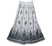 Fashion of India Womens Indian Sequin Crinkle Broomstick Gypsy Long Skirt, White, XS / S / M / L