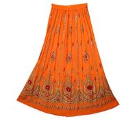 Fashion of India Women's Long Bohemian Maxi Skirt - Gypsy Hippie Boho Chic Style Dress, Orange, Regular