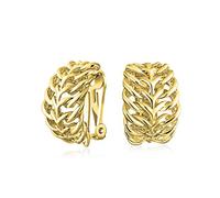 Fashion Open Weave Cable Leaf Feather Wide Half Hoop Clip On Earrings For Women Non Pierced Ears Gold Plated Brass