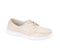 Fashion Outlet Ladies Leather Boat Loafers - Women's Lace-Up Deck Shoes, Comfort Fit Cushioned Sole, Real Leather Flats Beige