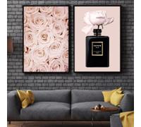 Fashion Paris Perfume Bottle And Pink Rose Flower Posters Modern Wall Art Prints Black Canvas Painting Room Decor-40x60cmx2Pcs-No Frame