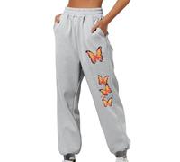 Fashion Print Sweatpants for Women UK Casual Loose High Waist Trousers Butterfly Printed Elastic Waisted Wid Leg Pants Stylish Solid Lounge Long Pants with Pockets Gray