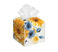 Fashion PU Leather Tissue Holder Waterproof Square Tissue Box Sunflowers and Dragonflies on White Background Face Paper Holder for Bathroom, Kitchen, Nightstand, Office, Decoration