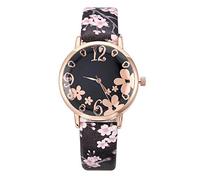 Fashion Quartz Student Belt Flowers Women Watch Printed Small Fresh Embossed Women's Watch Small Leather Watch (Black, One Size)