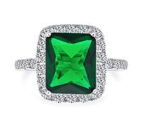 Fashion Rectangle Solitaire Cubic Zirconia CZ Pave Halo Simulated Emerald Green Art Deco Style Cocktail Statement Ring For Women Silver Plated