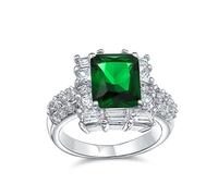 Fashion Rectangle Solitaire Cubic Zirconia CZ Pave Simulated Emerald Green Art Deco Style Cocktail Statement Ring For Women Silver Plated