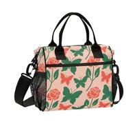 Fashion Red Green Rose Flower Butterfly Cooler Bag Crossbody) with Shoulder Strap Lunch Boxes for Men Teenager Work