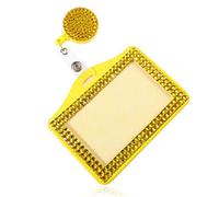 Fashion Retractable Crystal Neck Lanyard,Premium Bling ID Name Badge Holder,Portable Rhinestone Work Badge Reel Clip for Nurse,Teacher,Doctor,Women(Horizontal Card Holder,Orange) (Yellow)