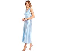 FASHION REVIEW Ladies English Made Long Satin Nightdress For Women Sleeveless Built Up Shoulder Ladies Nightie Front Lace Detail Nightwear Size 10-28 (26-28, Blue)