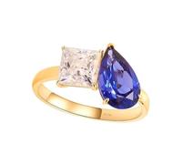 Fashion Ring Set, Promise Ring To Self Water Drop 7x11mm 3ct Blue Sapphire and Square Moissanite Gold Blue 18.1K Yellow Gold Size O 1/2