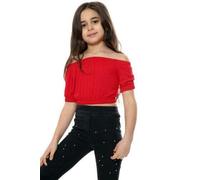 Fashion Rockstar Girls Kids Bardot Top Short Sleeves Elastic Off Shoulders Crop Top (as8, Age, 9_Years, 10_Years, Regular, Red)