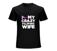 Fashion Round Collar I Love My Crazy Filipino Wife Philippines Native Short Sleeve T-Shirt Black XXXL