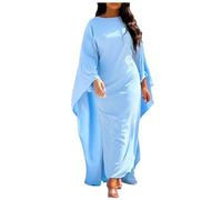 Fashion Satin Party Dress Robe Abaya Muslim Women Elegant Solid Round Neck Batwing Sleeves Loose Maxi Dress Women Party Outfit Ladies, blue, S