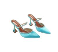 Fashion Sense Summer Pointed Toe Rhinestone Sequined Stiletto Slippers Print Half Drag Sandals-Blue(9Cm)-36