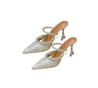 Fashion Sense Summer Pointed Toe Rhinestone Sequined Stiletto Slippers Print Half Drag Sandals-Silver(9Cm)-36