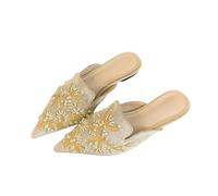 Fashion Sense Women Flat Slippers Pointed Bead Embroidery Shallow Mouth Shoes Slip On Female Slides-Apricot-40