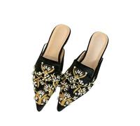 Fashion Sense Women Flat Slippers Pointed Bead Embroidery Shallow Mouth Shoes Slip On Female Slides-Black-36