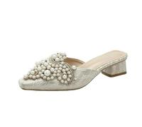 Fashion Sense Women'S Heel Slippers Women Shoes Pearl Decoration Square Head Half Slippers Outwear Sandals-Apricot-38