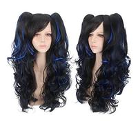 Fashion Sexy Halloween ita Long Curly Cosplay Wig With Double Claw Ponytails Halloween Costume Party Wigs For Women OneSize mixblackblue