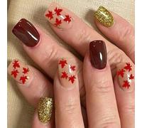 Fashion Short Square Thanksgiving Press On Stakes With Maple Leaves Designs Artificial Nails Stick On Nails 24Pcs Computational Intelligence Hoofs