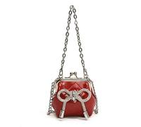 Fashion Silver Bow Purse Quilted Kiss Lock Evening Bag with Rhinestone Bow and Chain Strap Sparkling Crossbody Bags(Red)