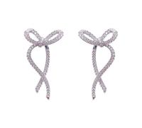 Fashion Silver Color Ribbon Bow Drop Earrings for Women Girls Korean Style Rhinestone Bow Ear Studs Earrings Wedding Jewelry