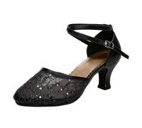 Fashion Solid Color Dance Shoes with Lace Hollow Out and Sequins Latin Ballroom Shoes Low Medium Heel Flexible Sole Sandals-93 Black