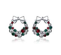 Fashion Sparkling Christmas Bow Red Green White Crystal Holiday Wreath Stud Earrings For Women Teen Crystal Silver Plated