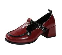 Fashion Square Head A Word with Thick Heel Single Shoes Leather Middle Heel Large Size Women's Shoes Small Leather Shoes lip On Pumps Women Wide Fit (Red, 4)